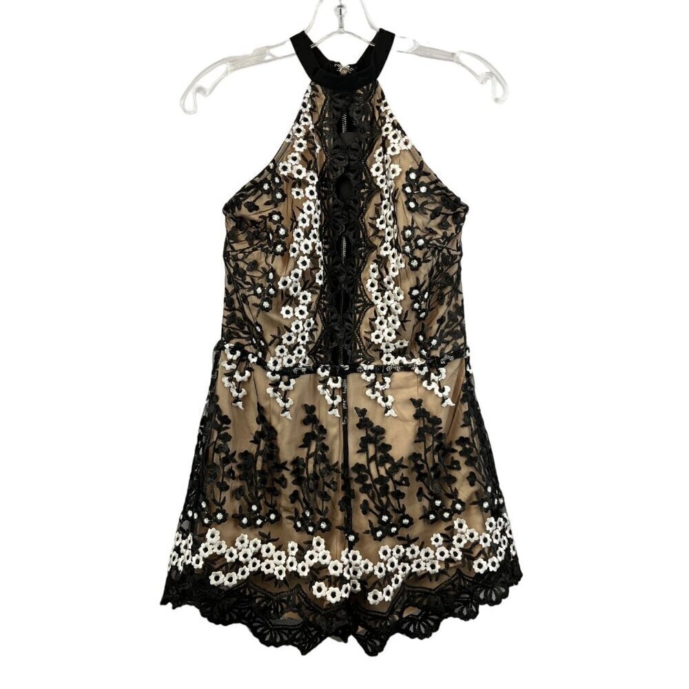 Aly Daly Womens Halter Racerback Floral Lace Romper Black/Multi L Cut Out